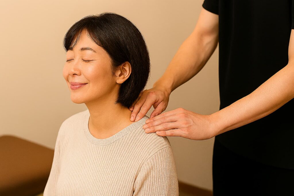 写真は肩のマッサージ。ブログは堺市で、鍼灸、整体、マッサージで肩こり、首こりを改善している記事。