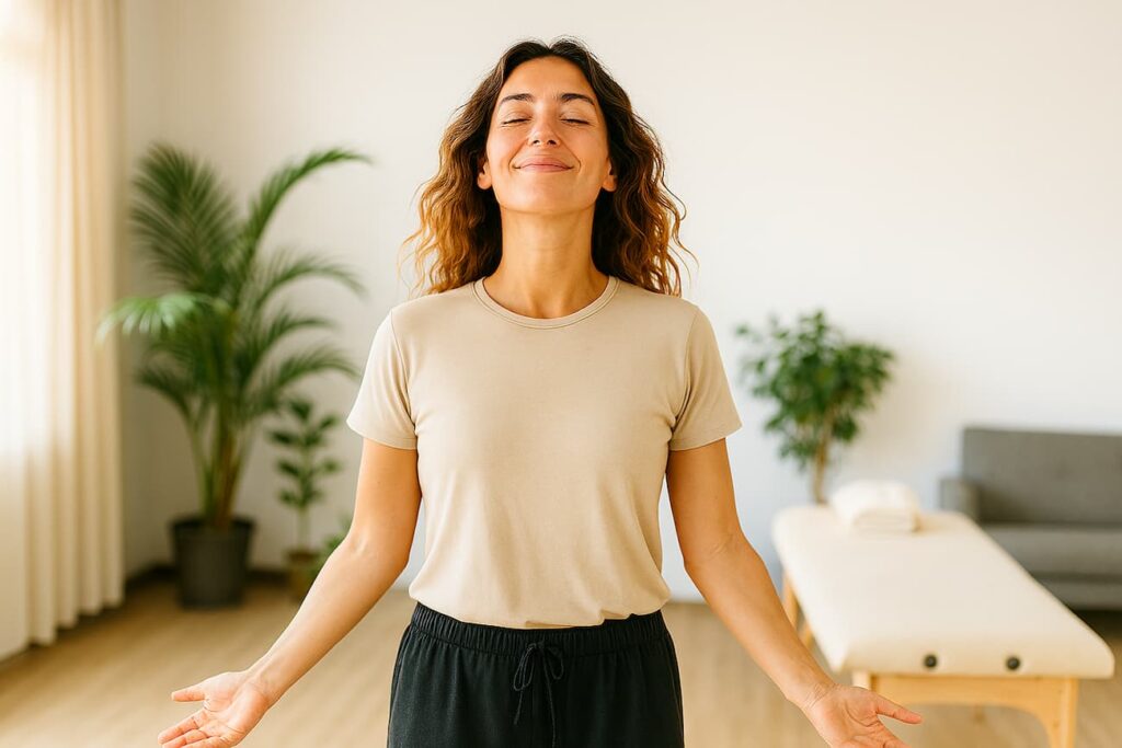 堺市で、鍼灸、整体、マッサージの施術を終えて、深呼吸を取り戻した様子